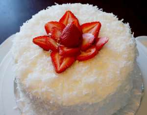strawberry-vanilla, coconut layer cake